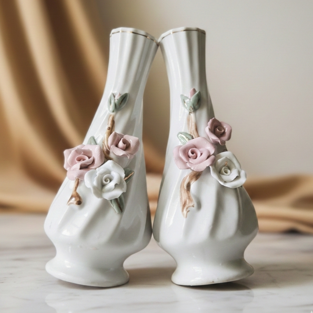 1980s Porcelain Bud Vase Pair Floral Cottagecore Romantic Rose Gold Trim Accent